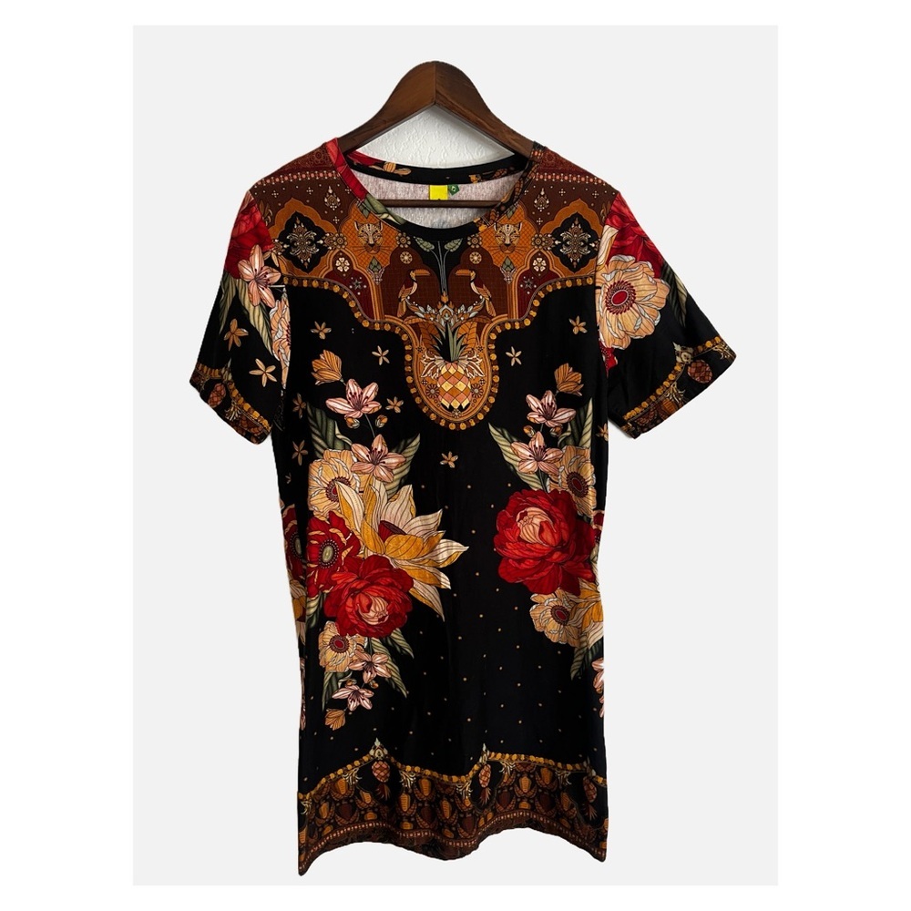 Farm Rio Floral Tropical Short Sleeve T-Shirt Mini Dress Black Medium - Picture 2 of 7